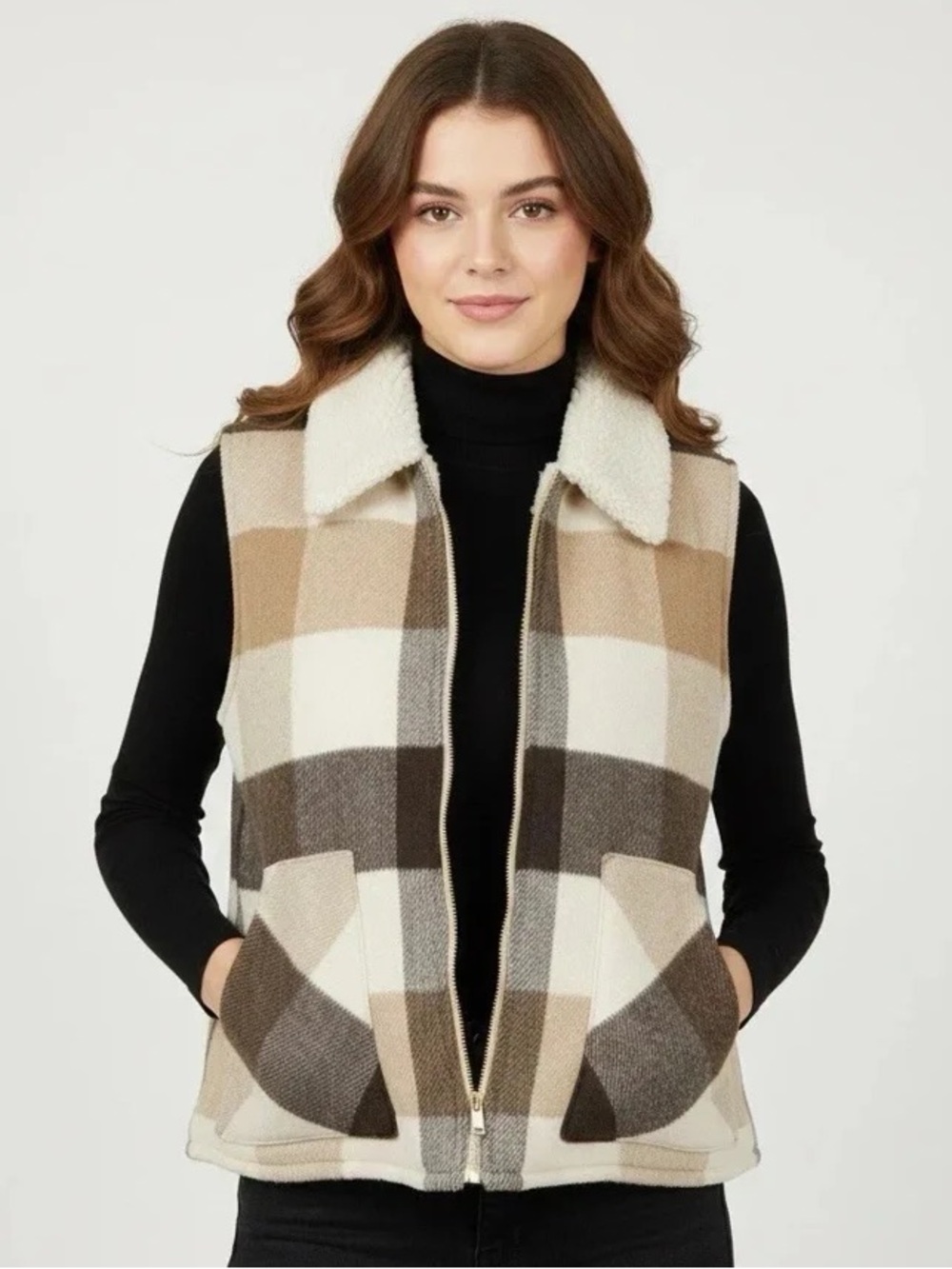 Sanctuary Women's Brown Plaid Sherpa Lined Cozy Heavyweight Vest